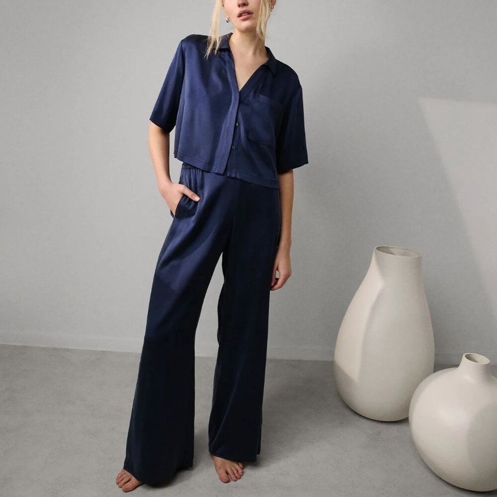 Lunya Washable Silk High Rise Pajama Set (Navy) (Small)